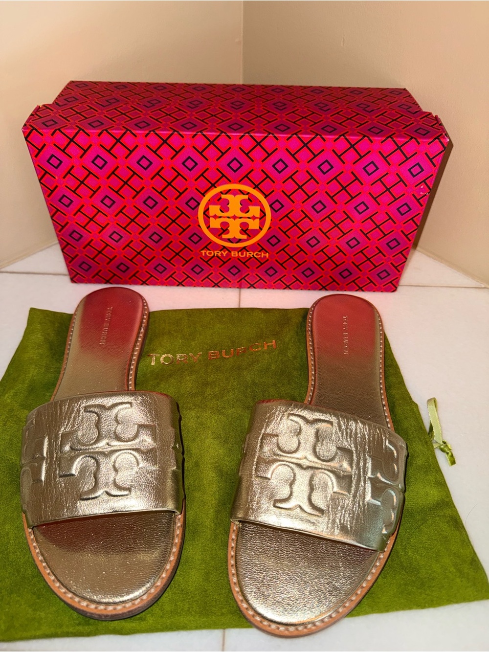 Tory Burch Metallic Gold Leather Slide Sandals